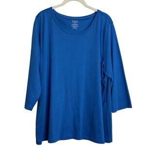LL Bean Womens Supima Cotton Top 1X Blue 3/4 Sleeve Scoop Neck